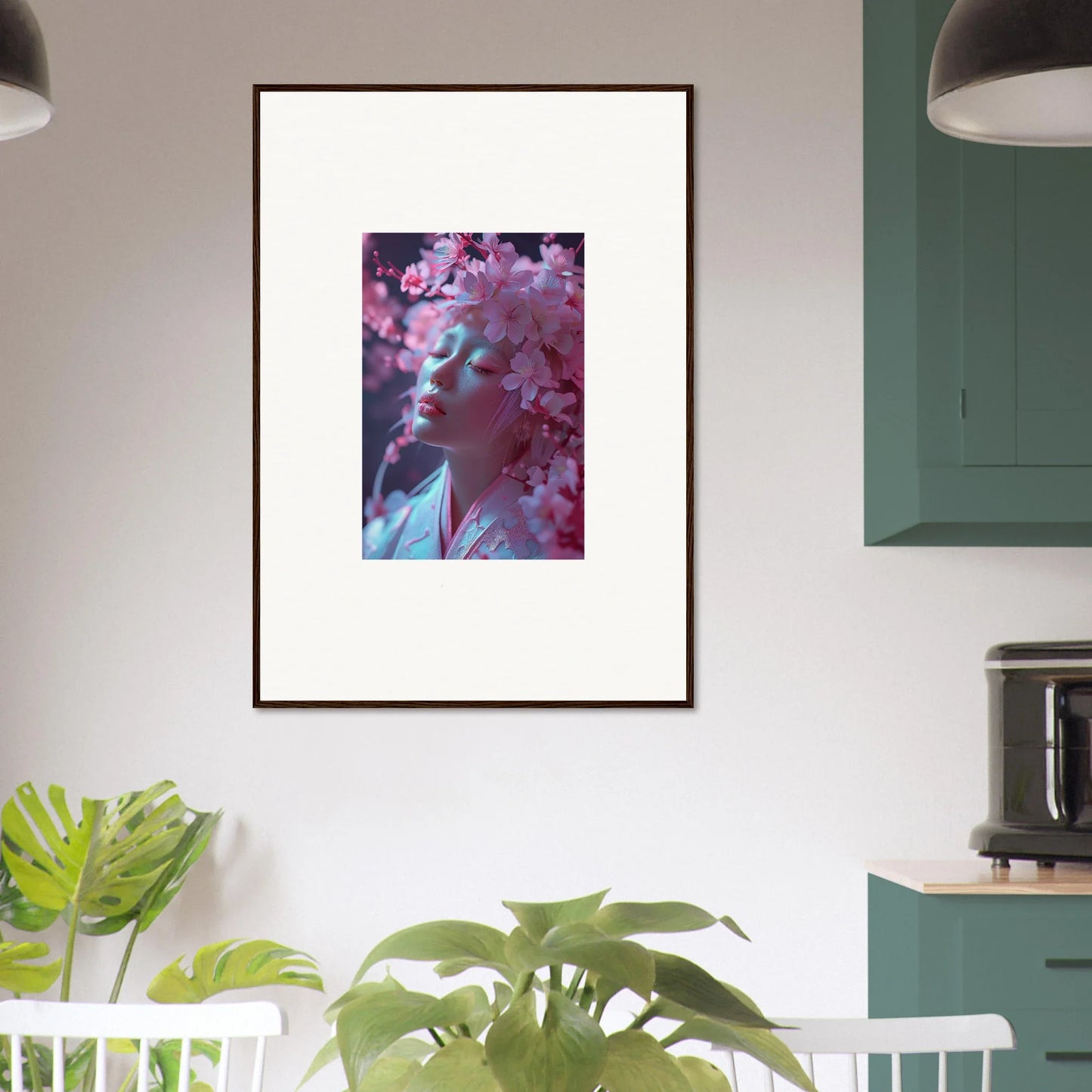 Framed canvas print of Ephemeral Sakura Dreams with pink flowers and blue tones