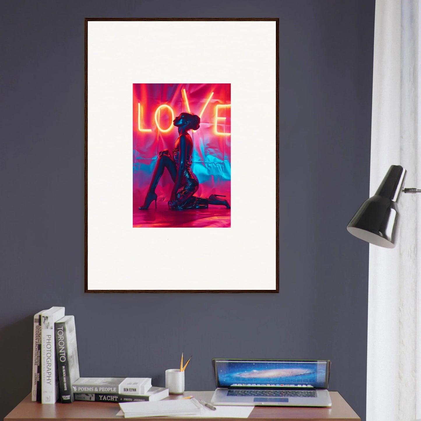 Colorful canvas print of a neon LOVE sign and silhouetted figure for trendy room decoration