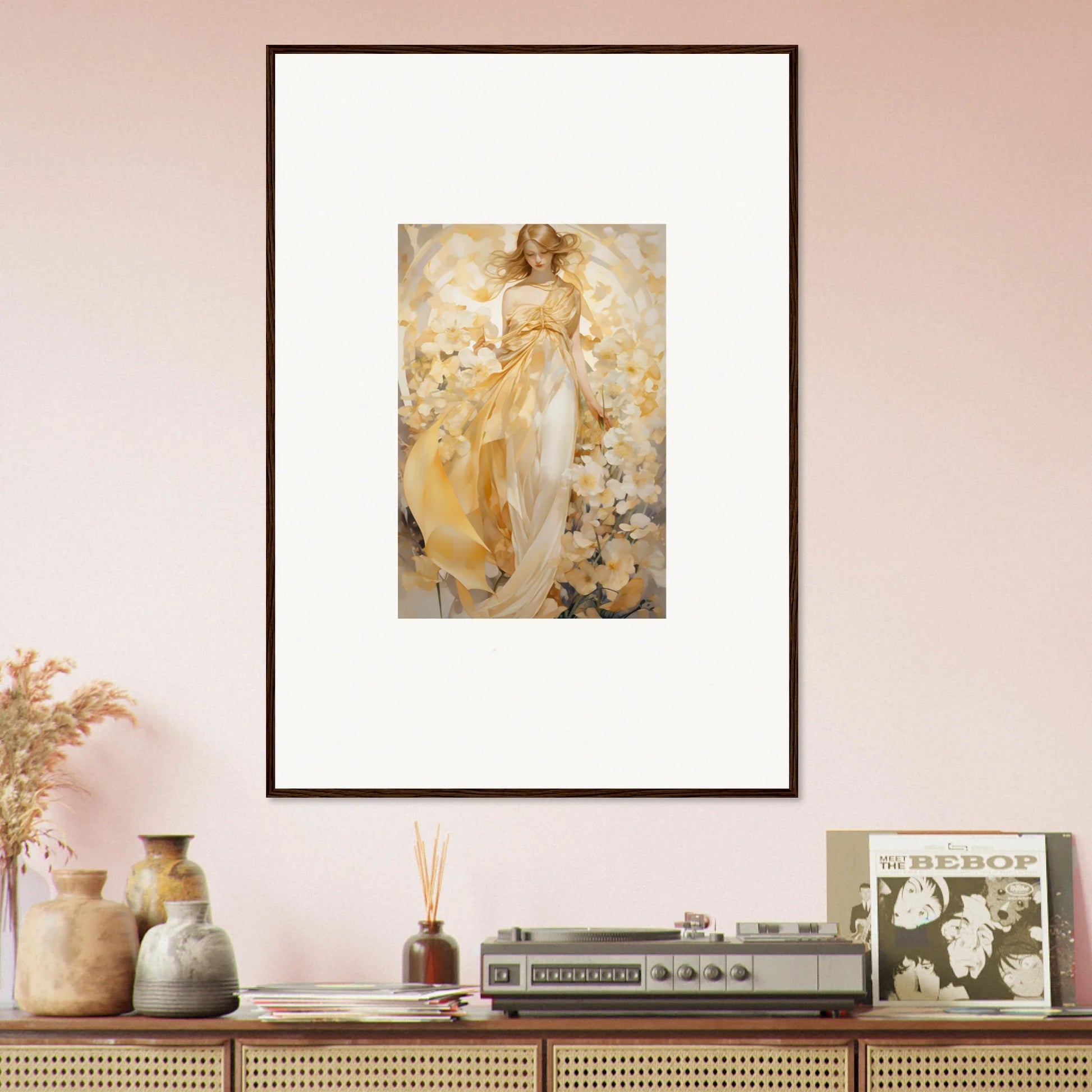 Framed canvas print of an ethereal tango girl in golden tones for stylish room decoration