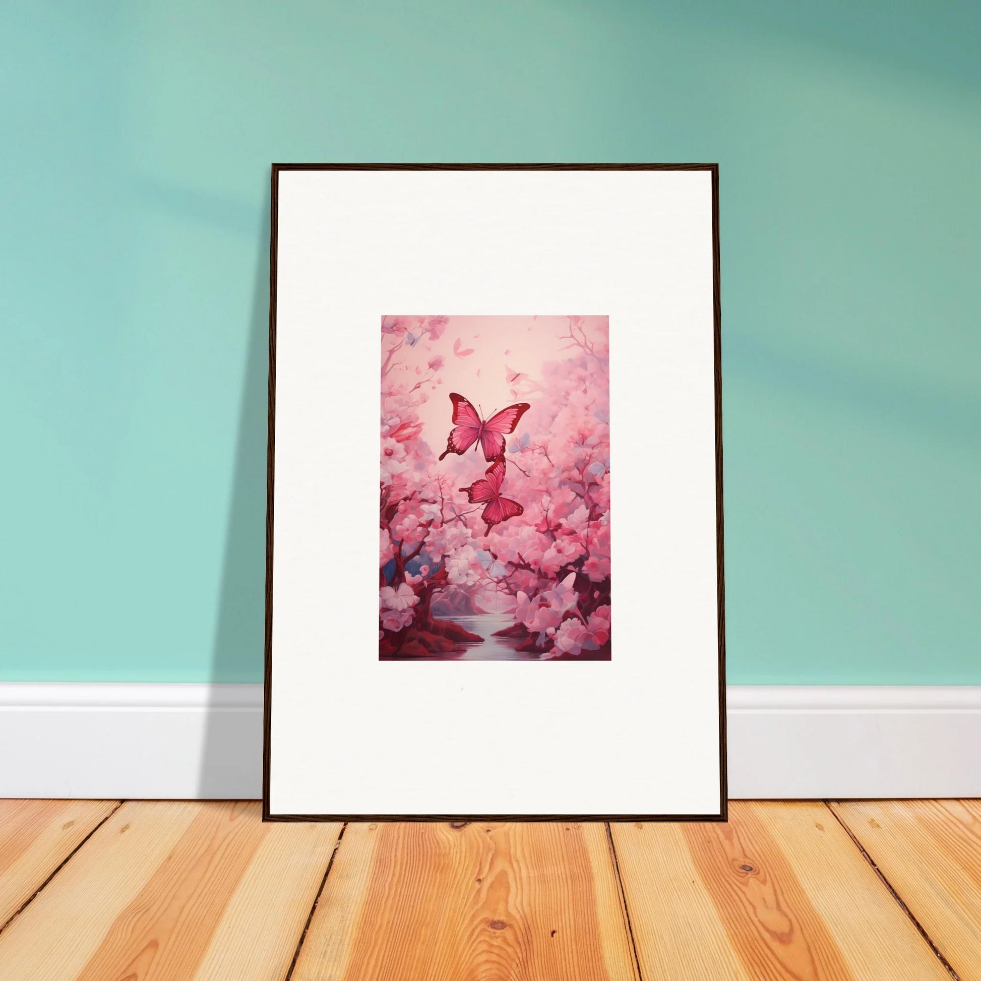 Framed canvas print of a pink butterfly in cherry blossoms for spring euphoria room decoration