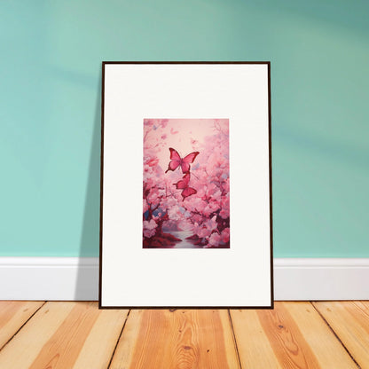 Framed canvas print of a pink butterfly in cherry blossoms for spring euphoria room decoration