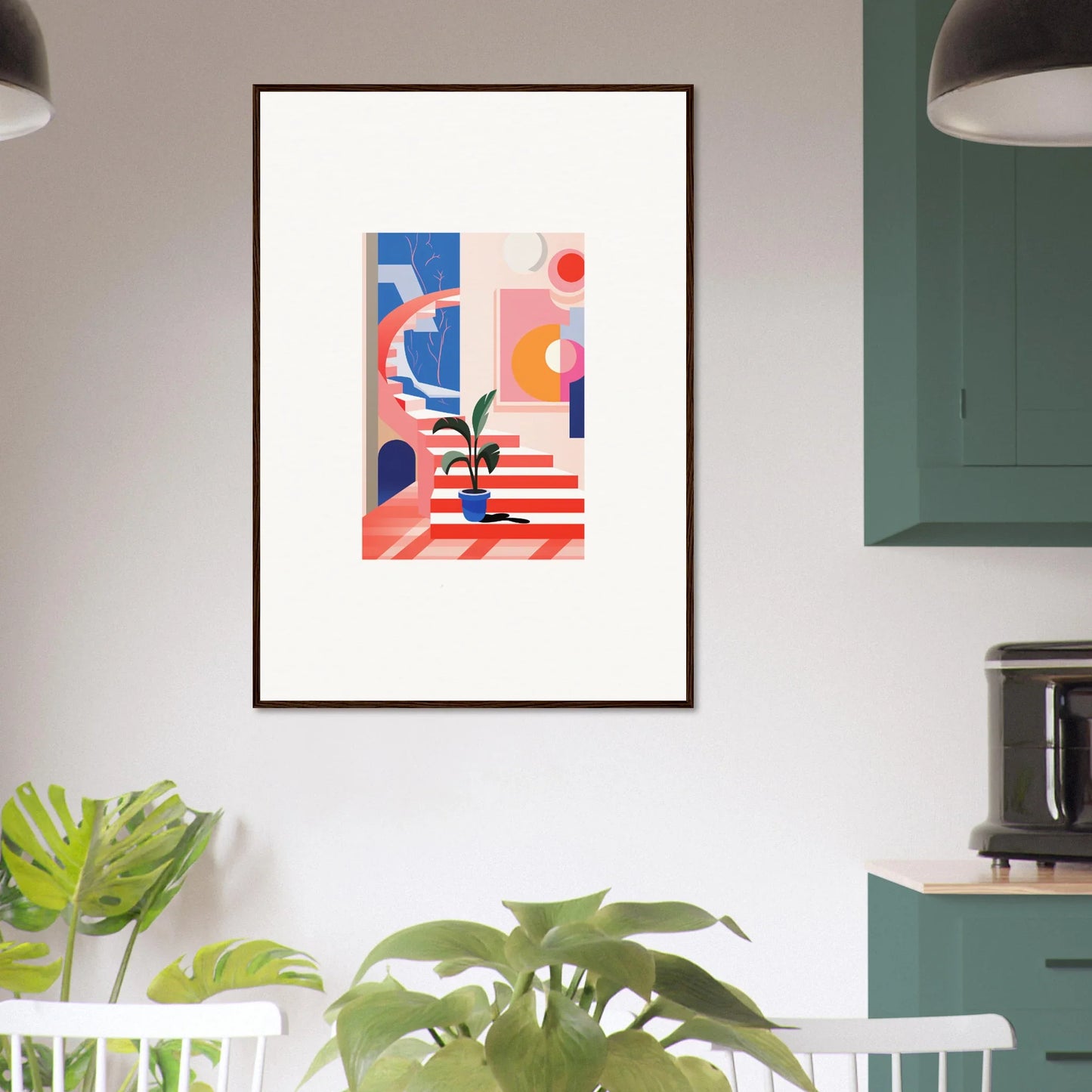 Framed abstract canvas print with geometric shapes for vibrant quantum gardens room decoration