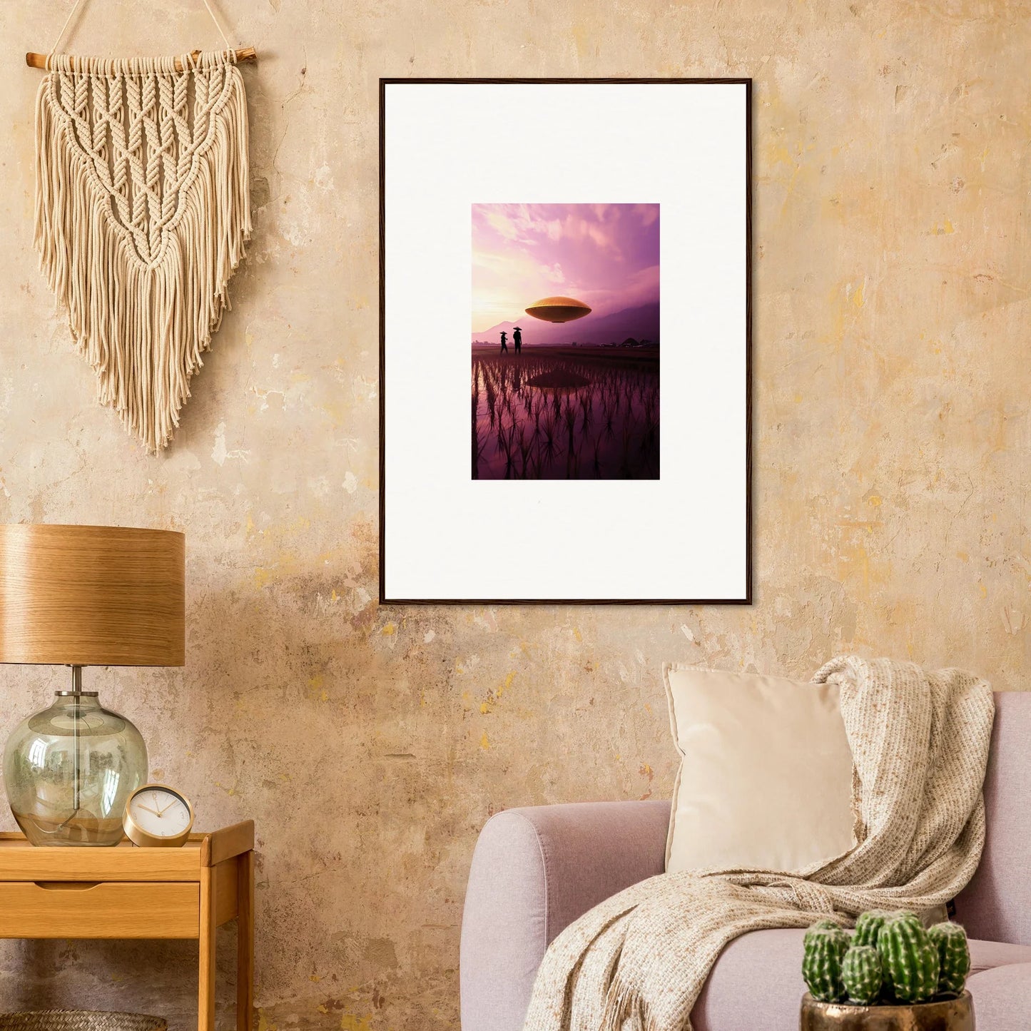 Framed canvas print of Violet Dreaming with a UFO over a sunset field, perfect for room decoration