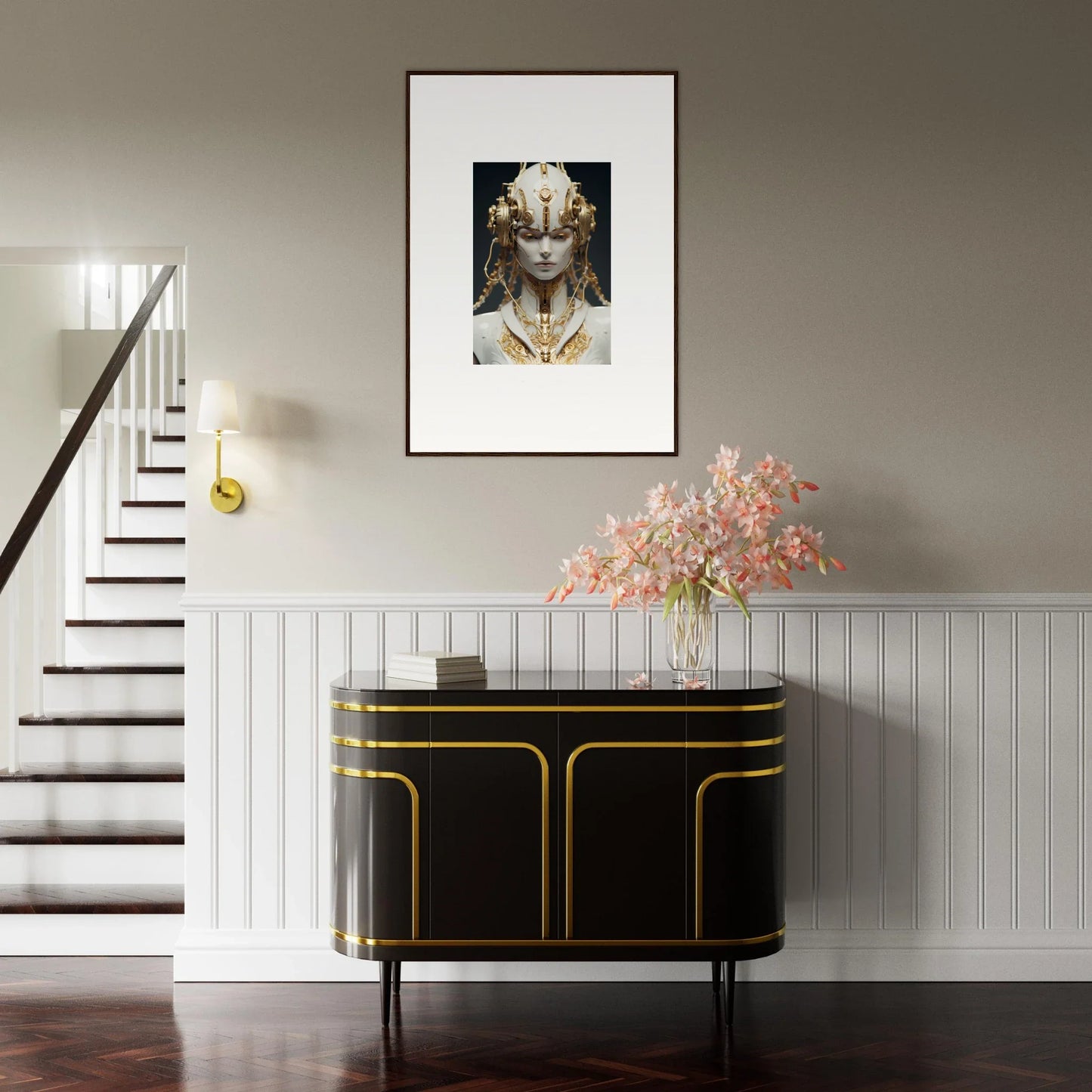 Framed canvas print of a figure in ornate golden headdress for stylish room decoration