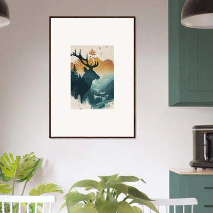 Framed canvas print of a stag haze silhouette with a mountain landscape for room decoration