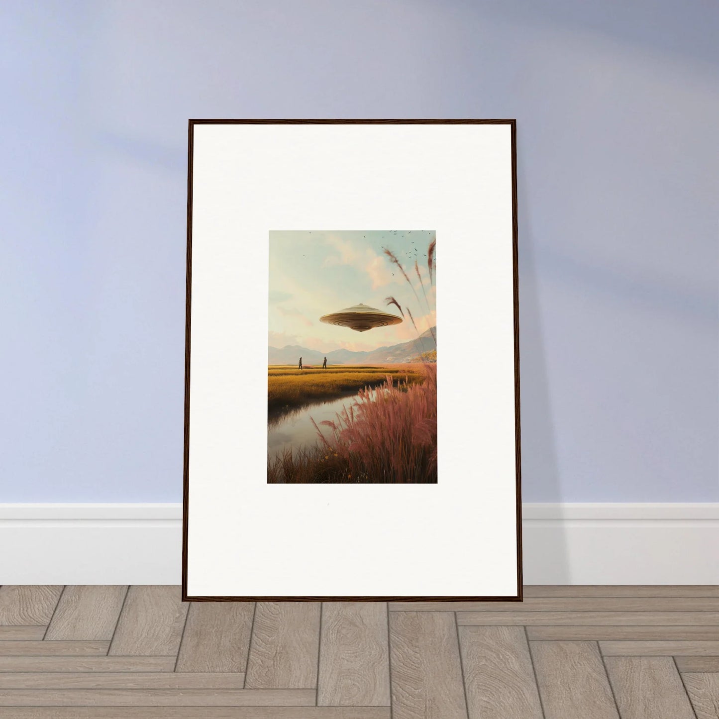 Framed wall art of a UFO over a rural sunset for unique room decor like Meadow Raindancers