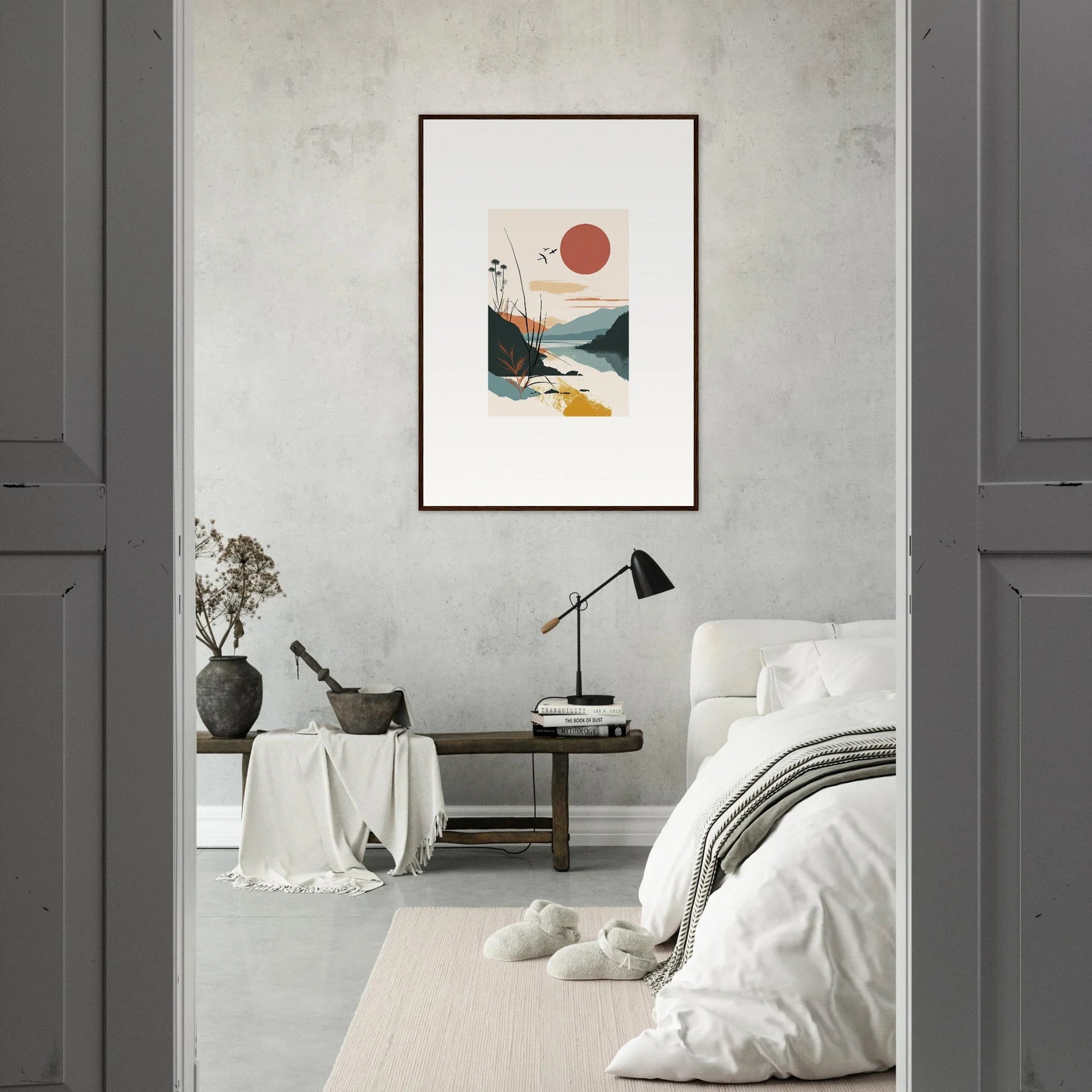 Framed abstract landscape artwork with red sun and mountains for your Sunrise Unfurled room decoration