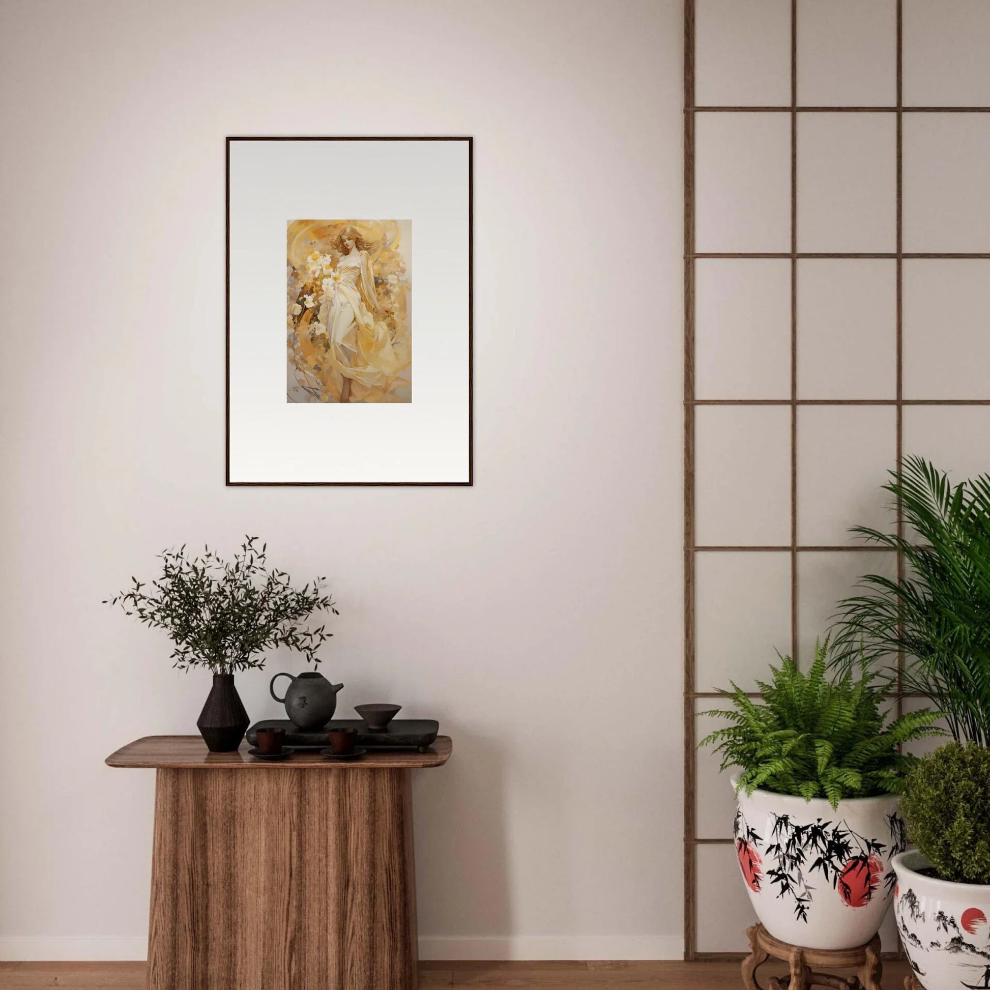 Framed canvas print of an ethereal symphony figure on a golden background for room decoration