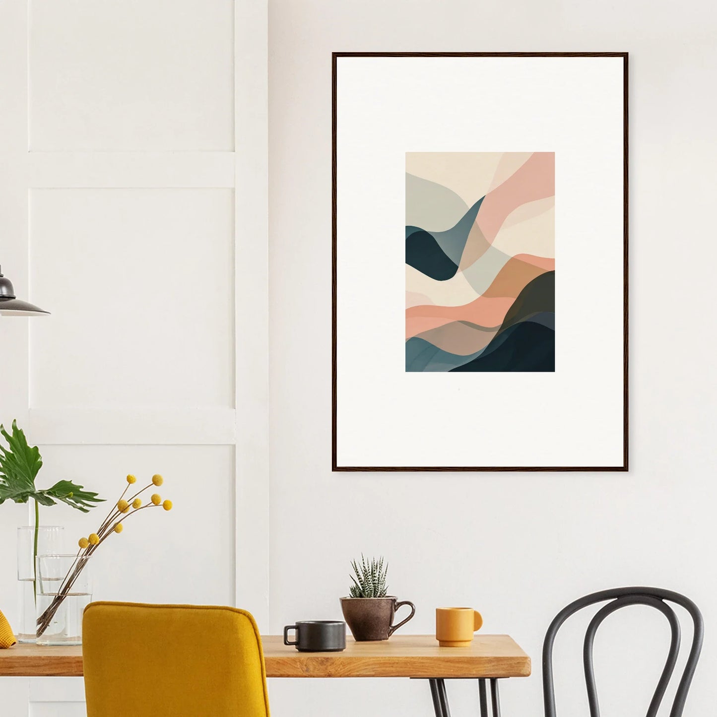 Framed abstract wall art of soft curves in muted colors for stylish room decoration