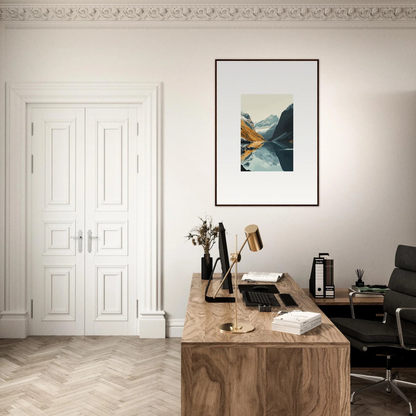 Wooden desk with typewriter and books, perfect for glacier harmony room decoration