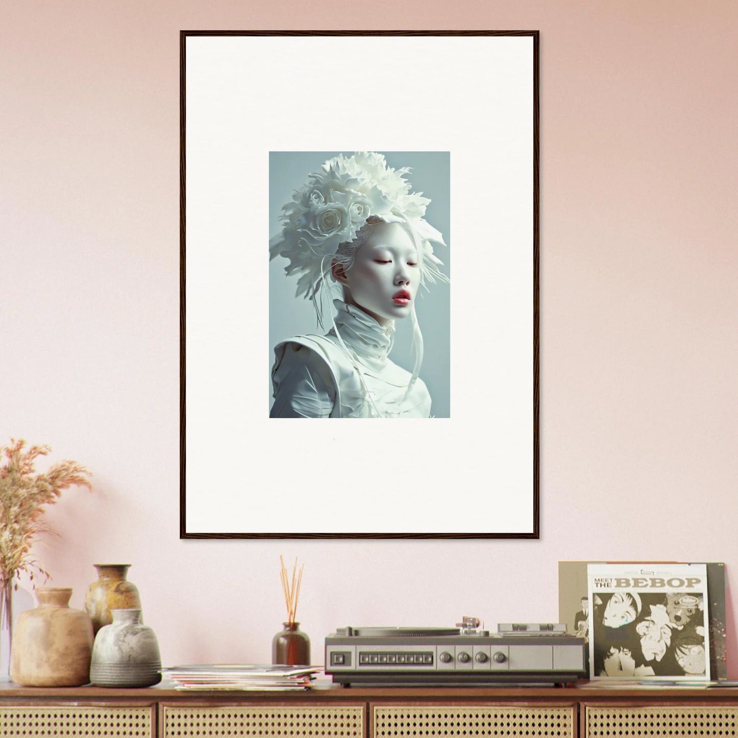 Framed portrait of a person in a white headdress for unique room decoration