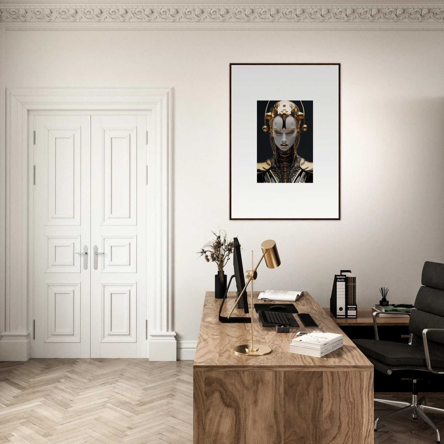 Elegant home office featuring a wooden desk and striking canvas print for room decoration