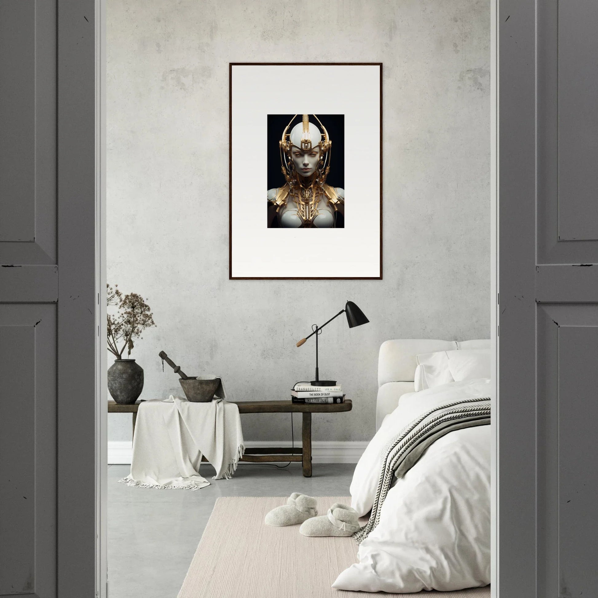 Framed canvas print of a Celestial Conductress with gold elements for stylish room decoration