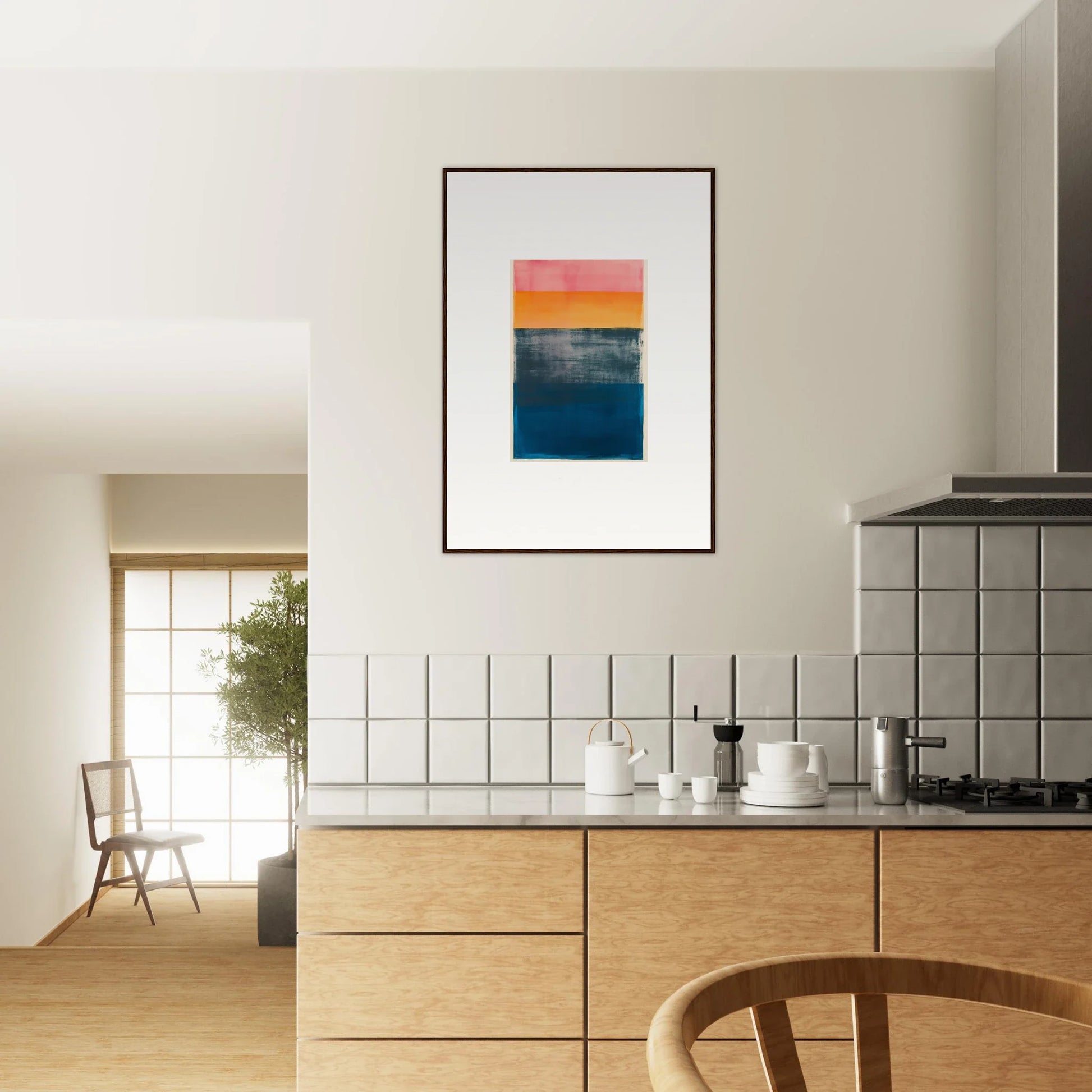 Abstract canvas print of Sunset Blue Frequencies with pink, orange, and blue bands