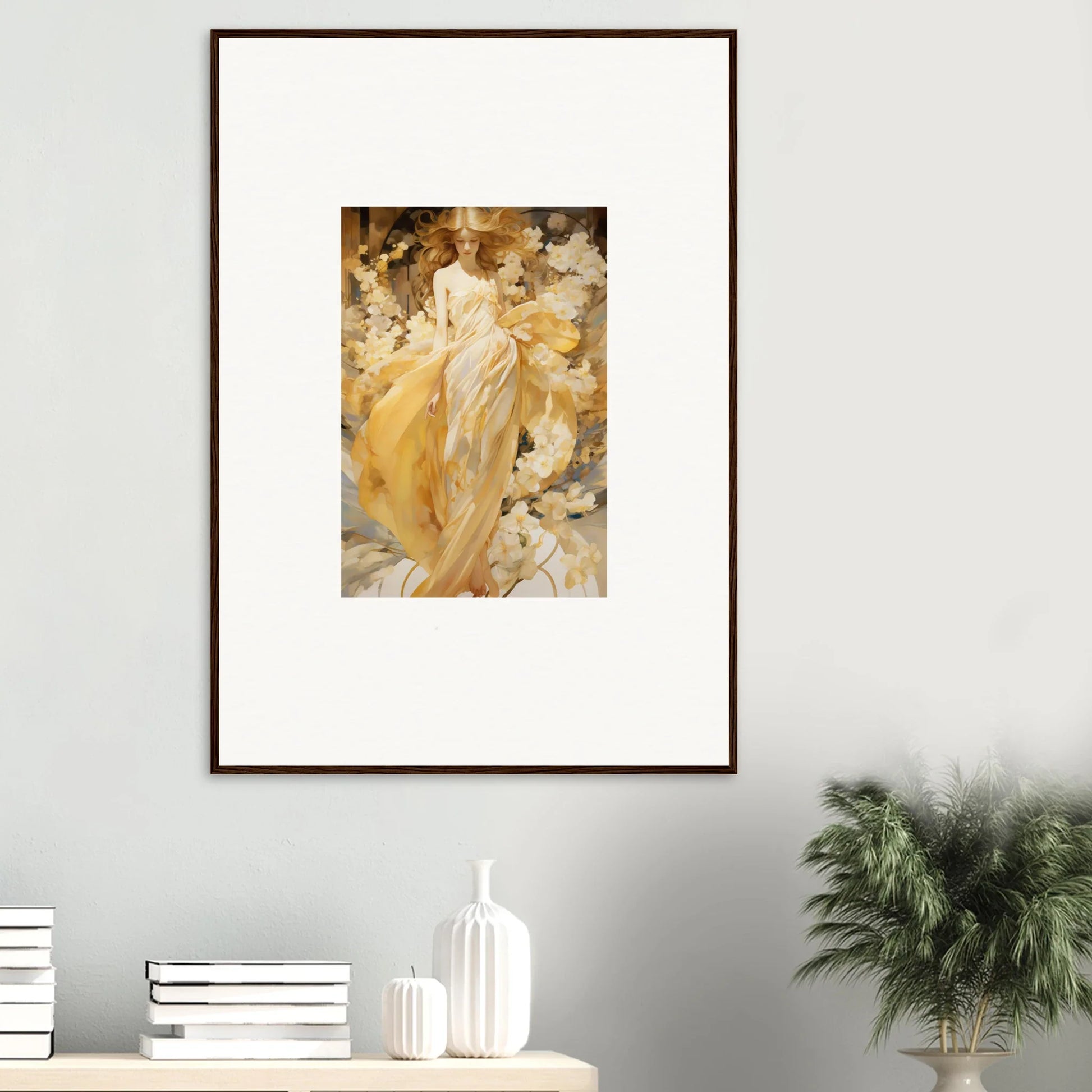 Framed Canvas Print of Ethereal Female in Golden Hues for Stunning Petal Serenade Room Decoration