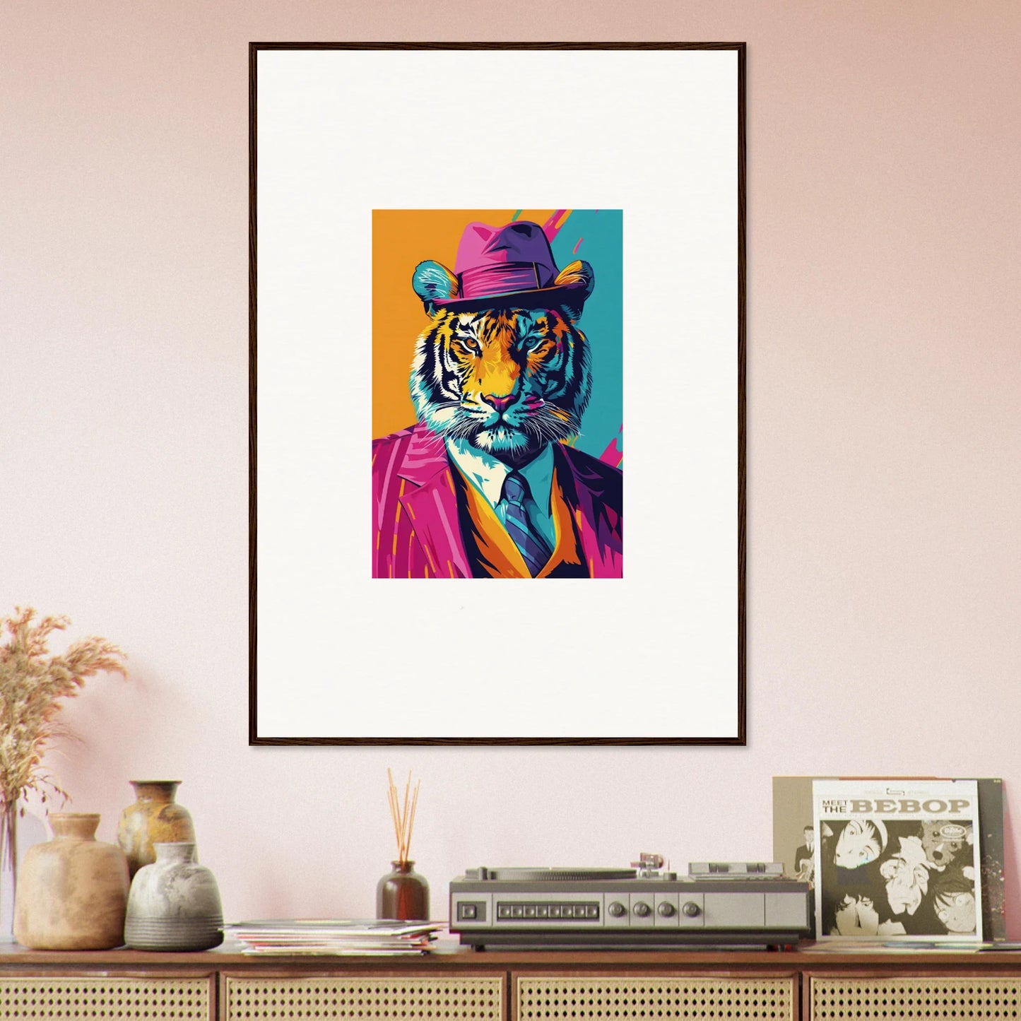 Colorful pop art tiger in a suit, perfect for combo renaissance room decoration canvas print