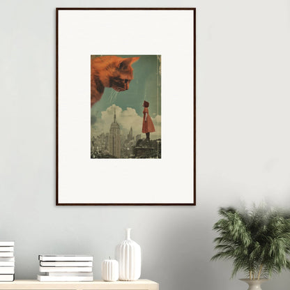 Framed surrealist wall art of a giant cat over a city, perfect for room decor