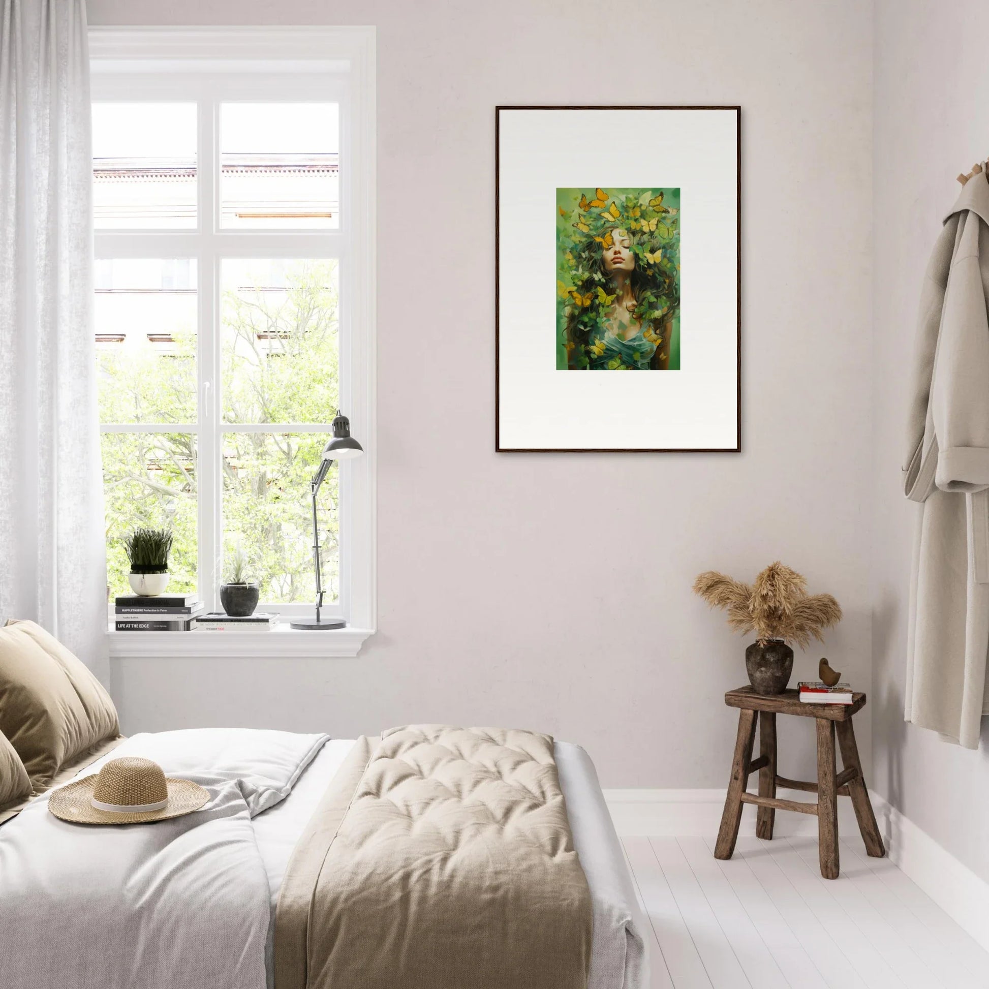 Bright airy bedroom featuring a canvas print of Chrysalis Ecstasy for chic room decoration