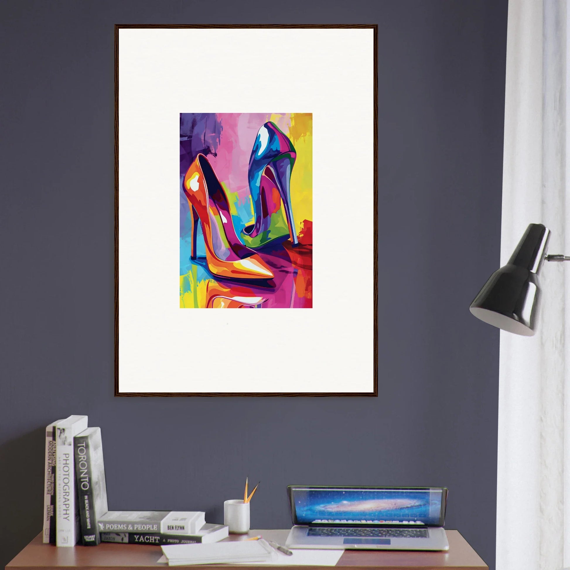 Colorful abstract canvas print of high-heeled shoes for trendy room decoration wall art