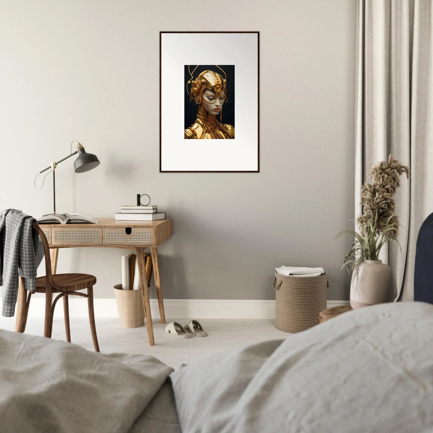 Framed canvas print of a person with golden face paint for Moulin Mystique room decoration