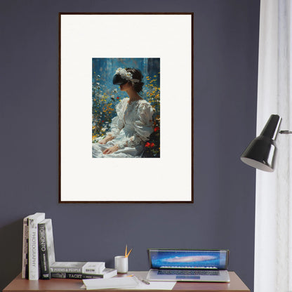 Framed canvas print of a person in white amid flowers for perfect bloom reverie decor