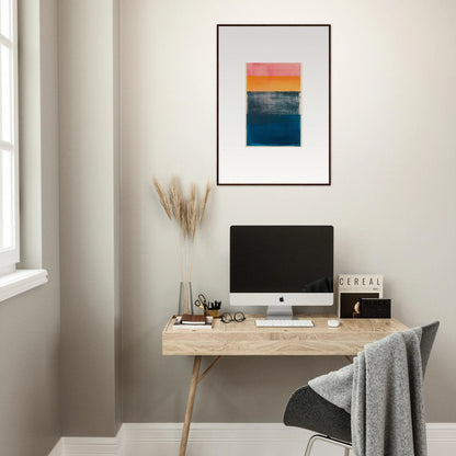 Minimalist home office with a wooden desk and blue frequencies canvas print decor