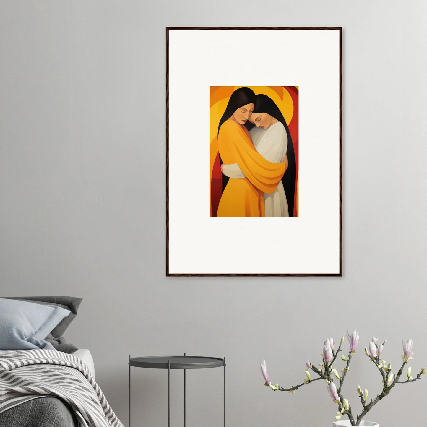 Warm-toned minimalist canvas print of embracing figures for Timid Sun Nyah room decoration