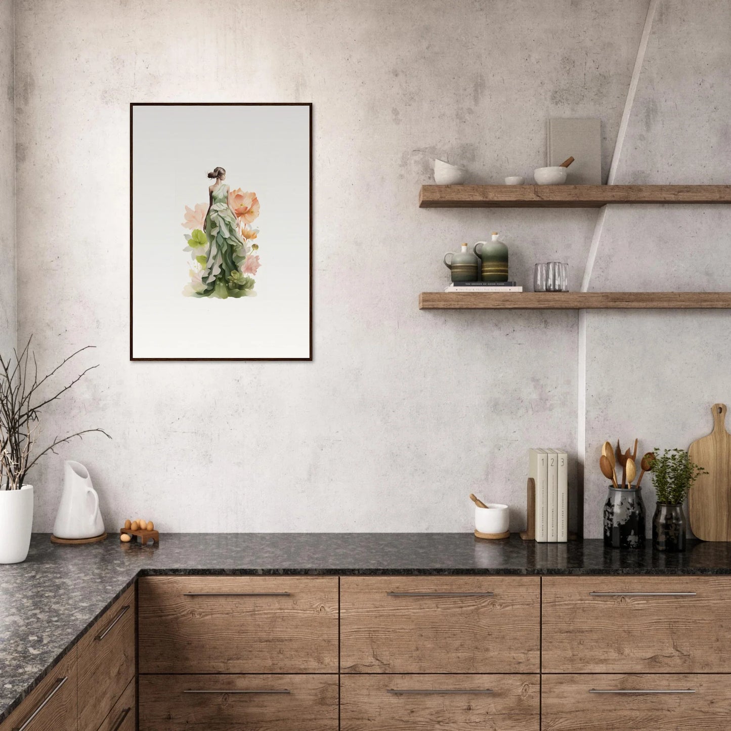 Modern kitchen with wooden cabinets and Spring Symphony canvas print on the wall