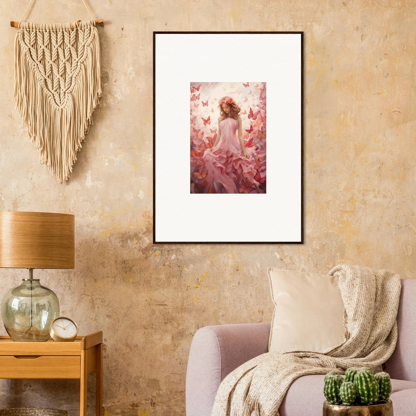 Framed canvas print of a figure with pink flowers and butterflies for autumn lattice room decoration