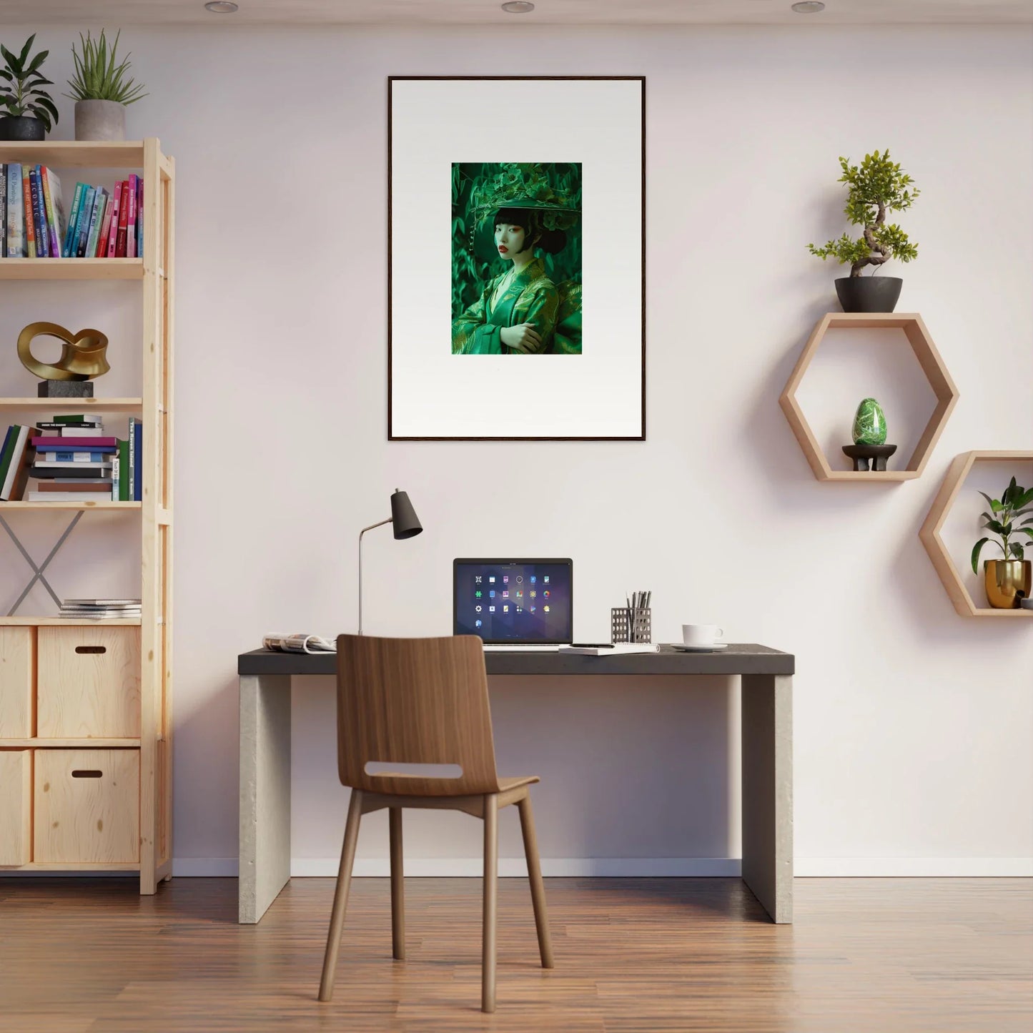 Modern home office with desk and chair, featuring a floral canvas print Whispering Spectacle