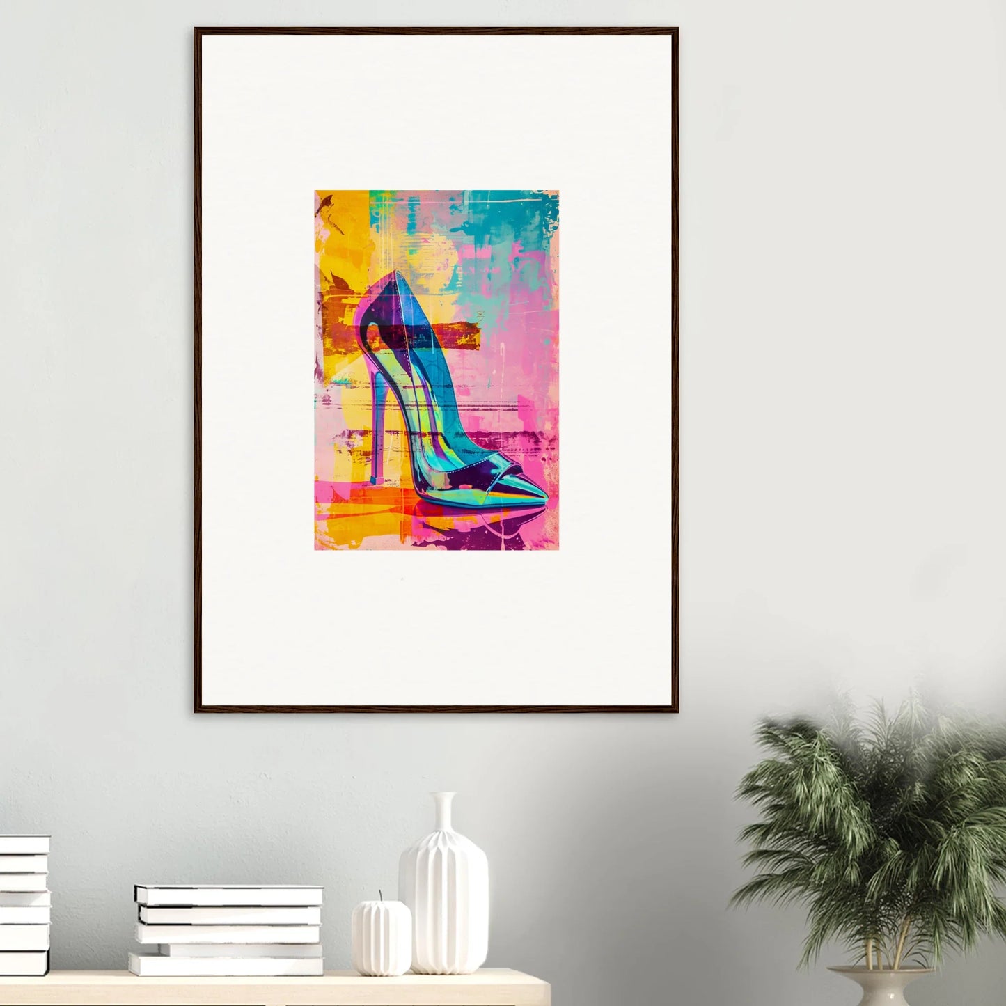 Colorful abstract painting of a high-heeled shoe, ideal for Noir Reverie room decor