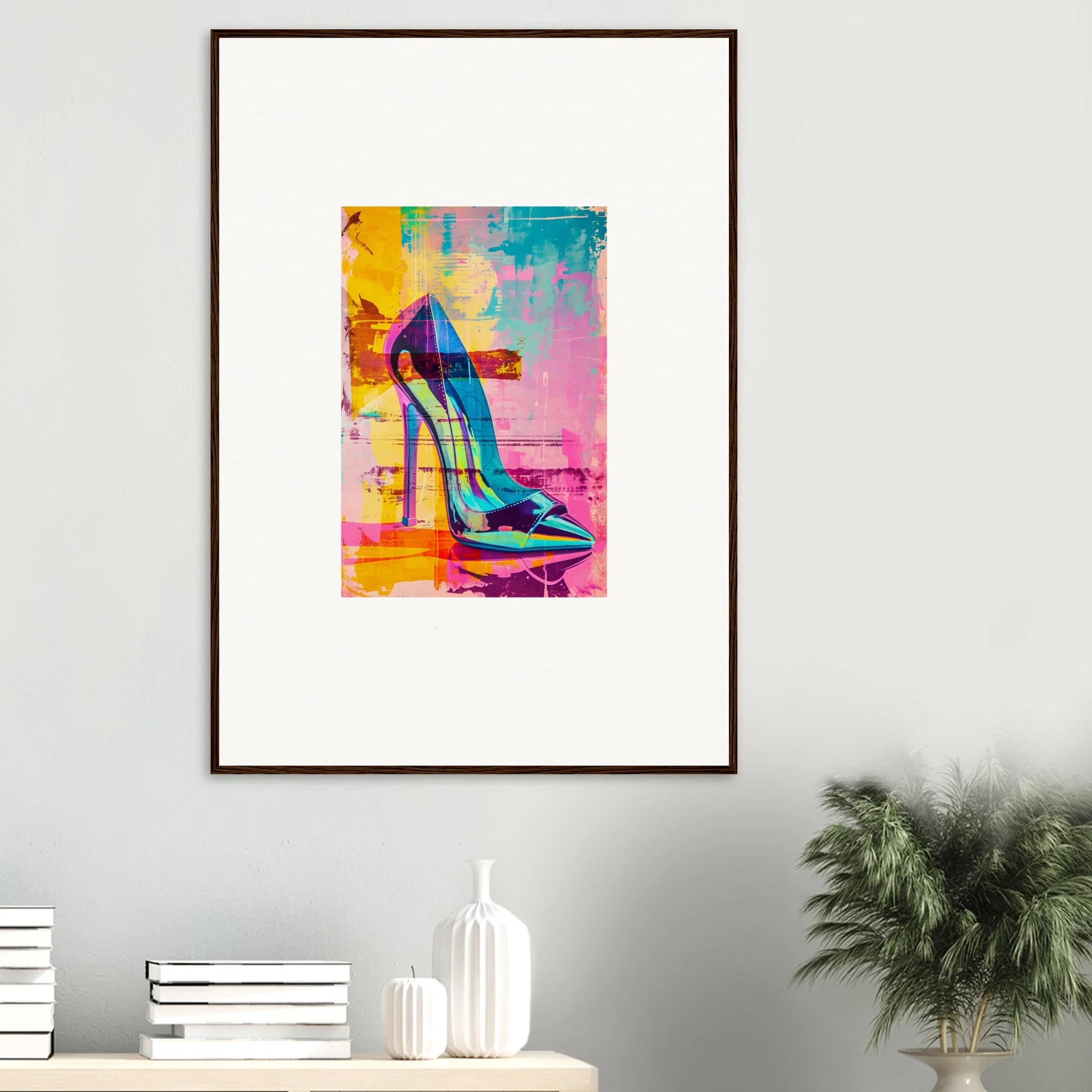 Colorful abstract painting of a high-heeled shoe, ideal for Noir Reverie room decor