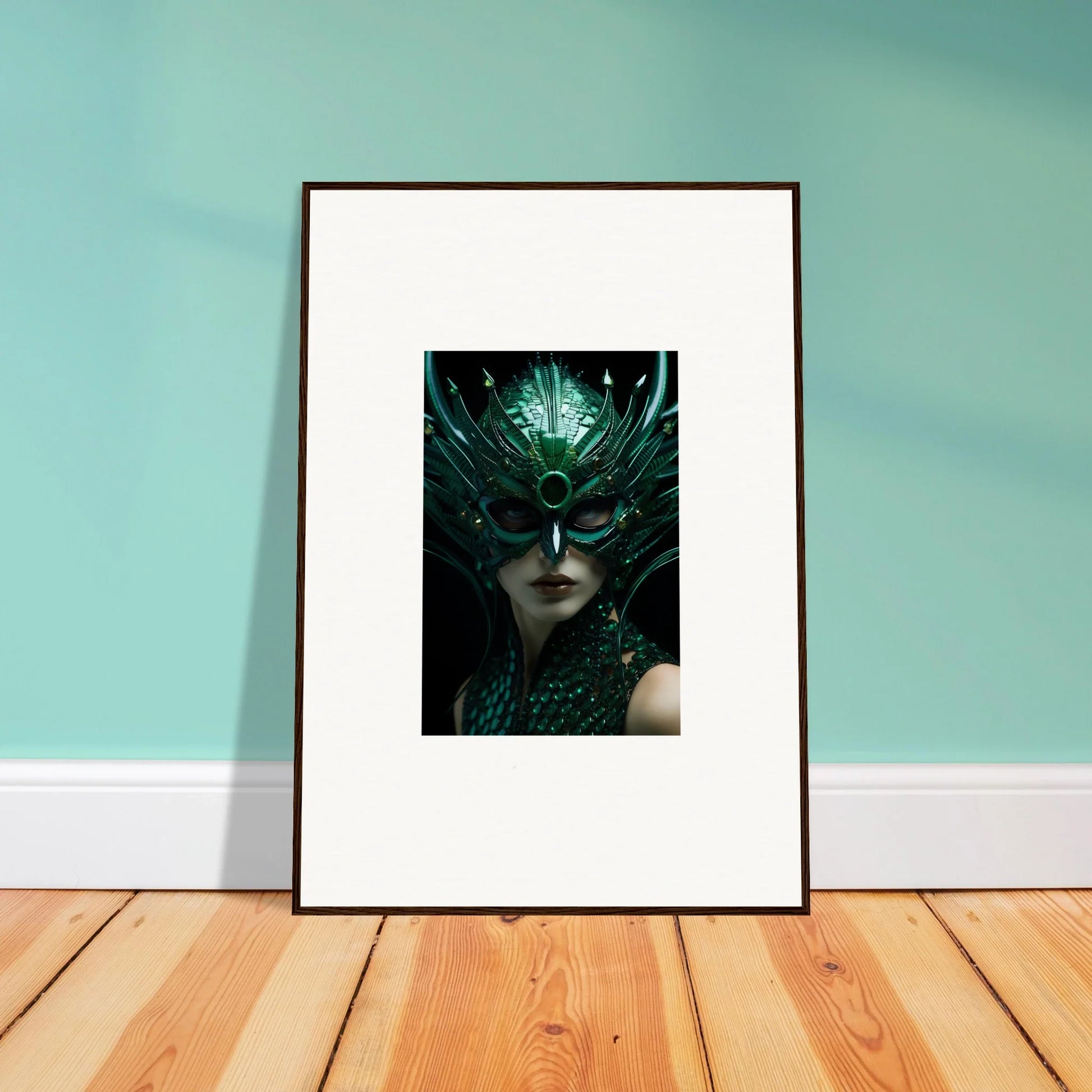 Framed canvas print of a figure in a dark green feather headdress for enigma enunciations