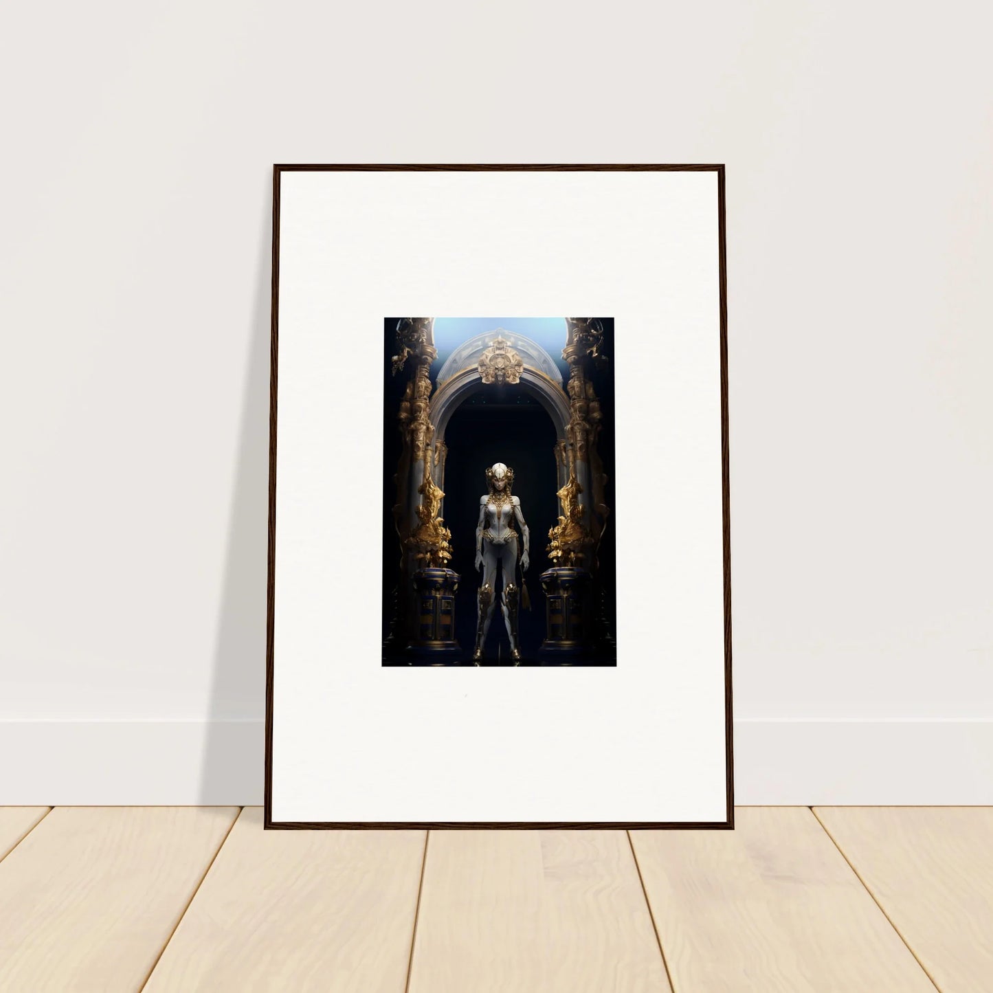 Framed canvas print of a figure in an ornate archway, perfect for Griffinscape Synergy room decoration