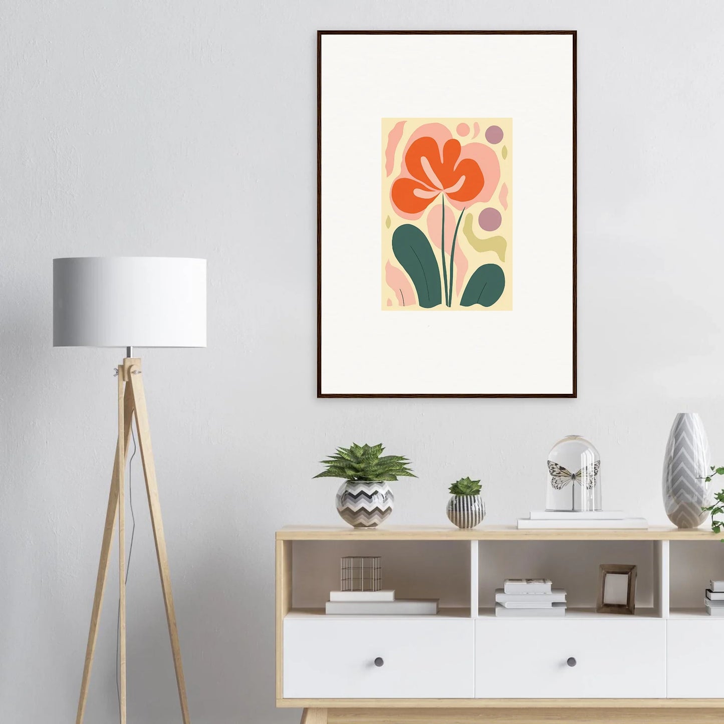 Framed abstract floral canvas print with an orange flower for vibrant room decoration