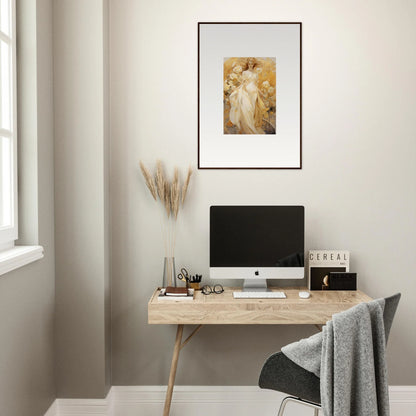 Minimalist wooden desk with a computer and stylish accessories for room decoration