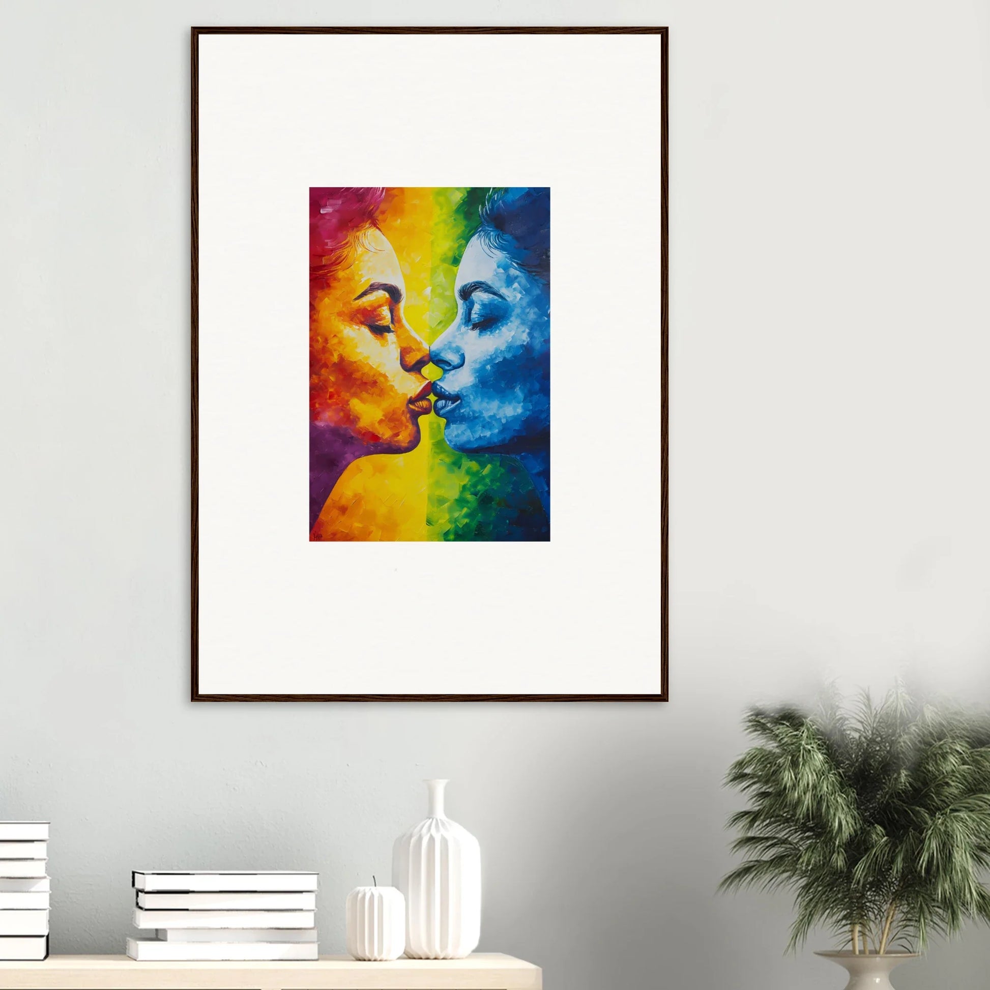 Colorful abstract painting of two faces about to kiss for a serene room decoration