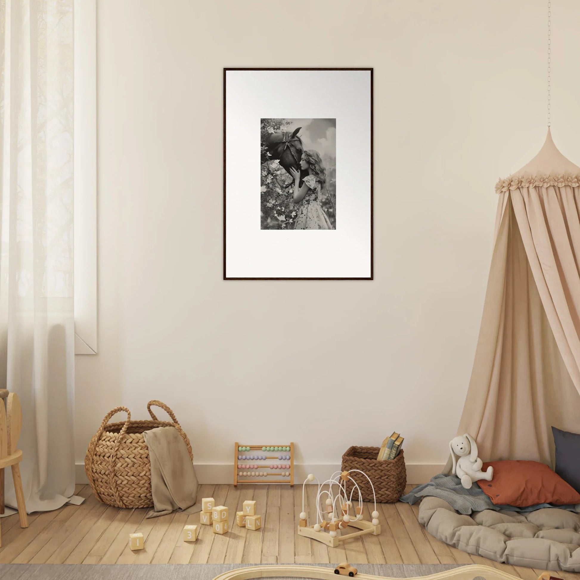 Framed black and white photo of a rider on a horse for equine whisper spell room decoration