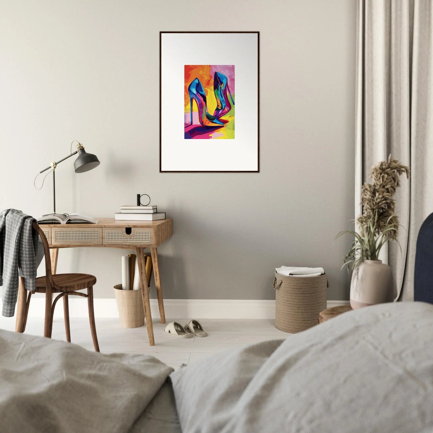 Colorful framed abstract canvas print of stylized figures for room decoration with Eclipse Shoes