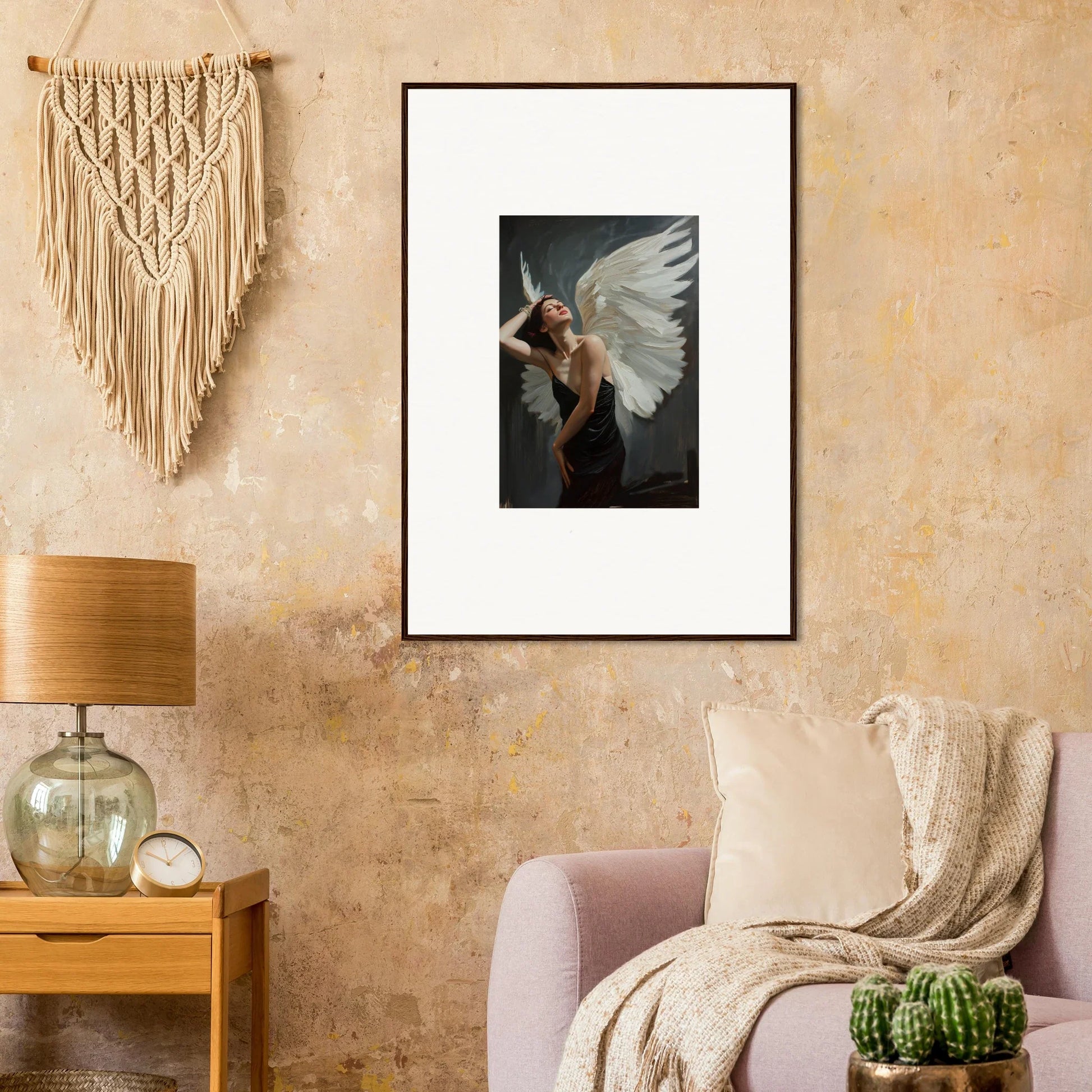 Framed canvas print of a figure with white wings for stylish femme ascent room decoration