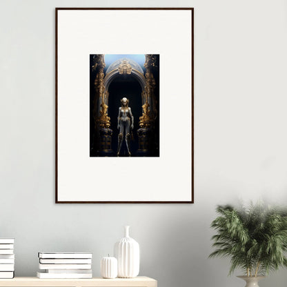 Framed canvas print of a metallic bodysuit figure in a golden archway for room decoration