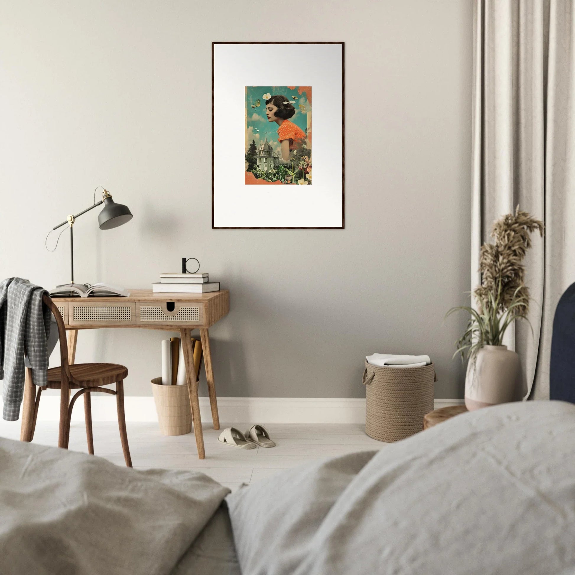 Framed Canvas Print of Dreamer’s Botanical Parade with a colorful figure and tropical leaves