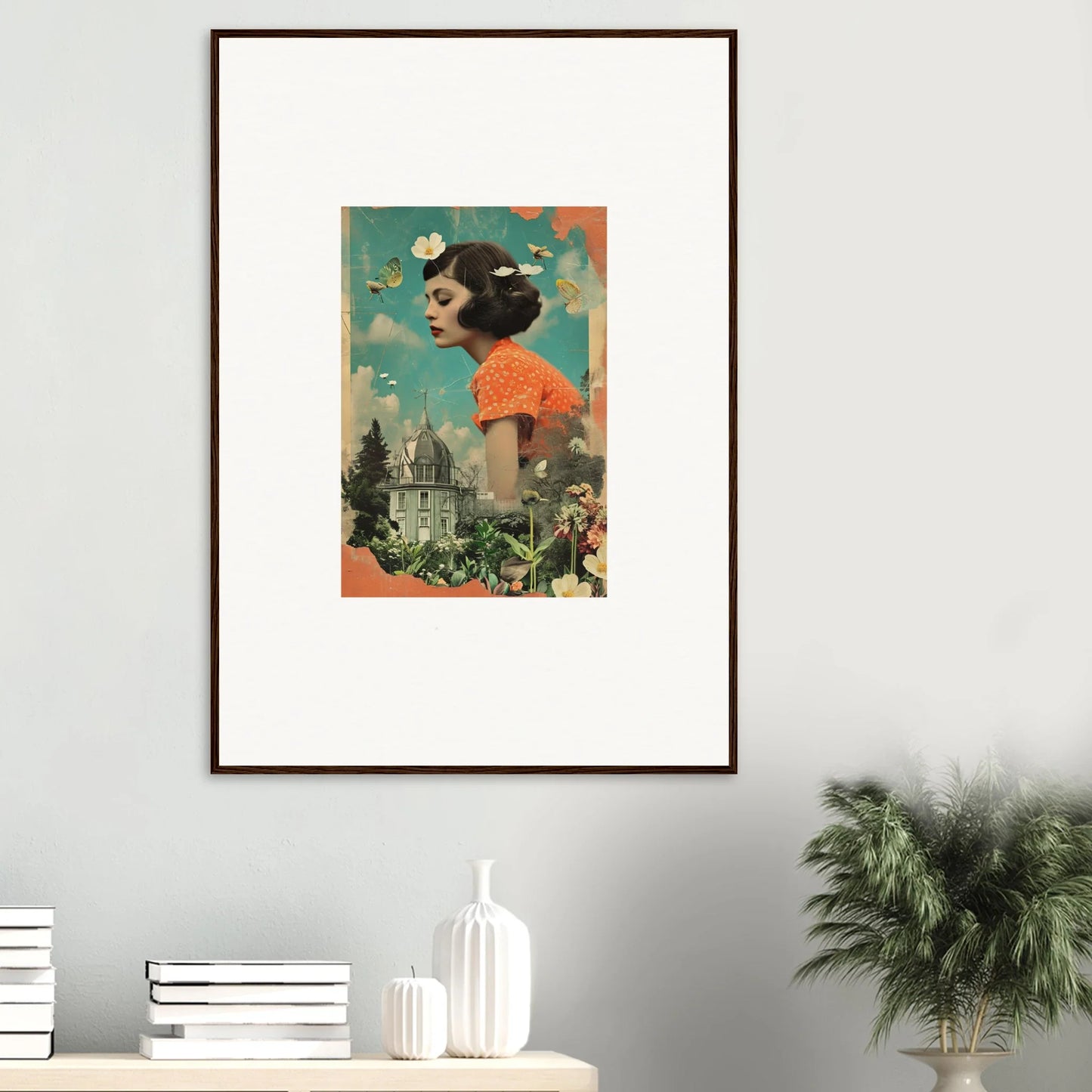 Framed surrealist canvas print of a woman’s head over a city in Dreamer’s Botanical Parade