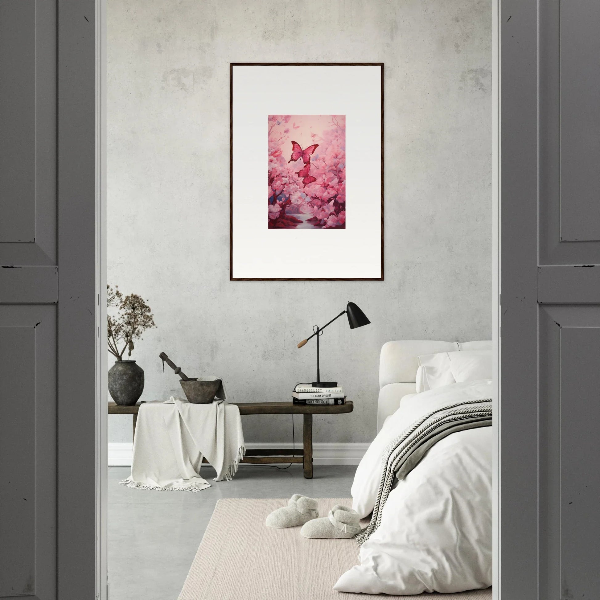 Framed canvas print of a pink butterfly in Spring Euphoria floral room decoration