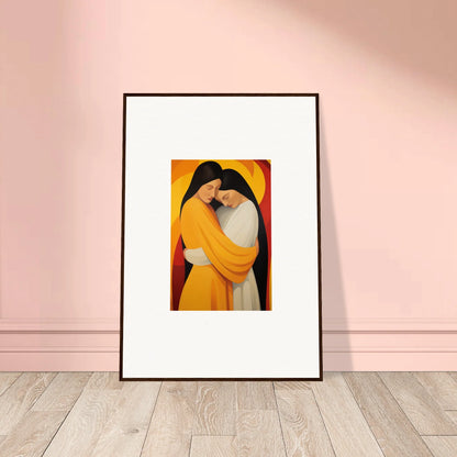 Framed canvas print of two embracing figures in yellow, perfect for Sun Nyah room decoration