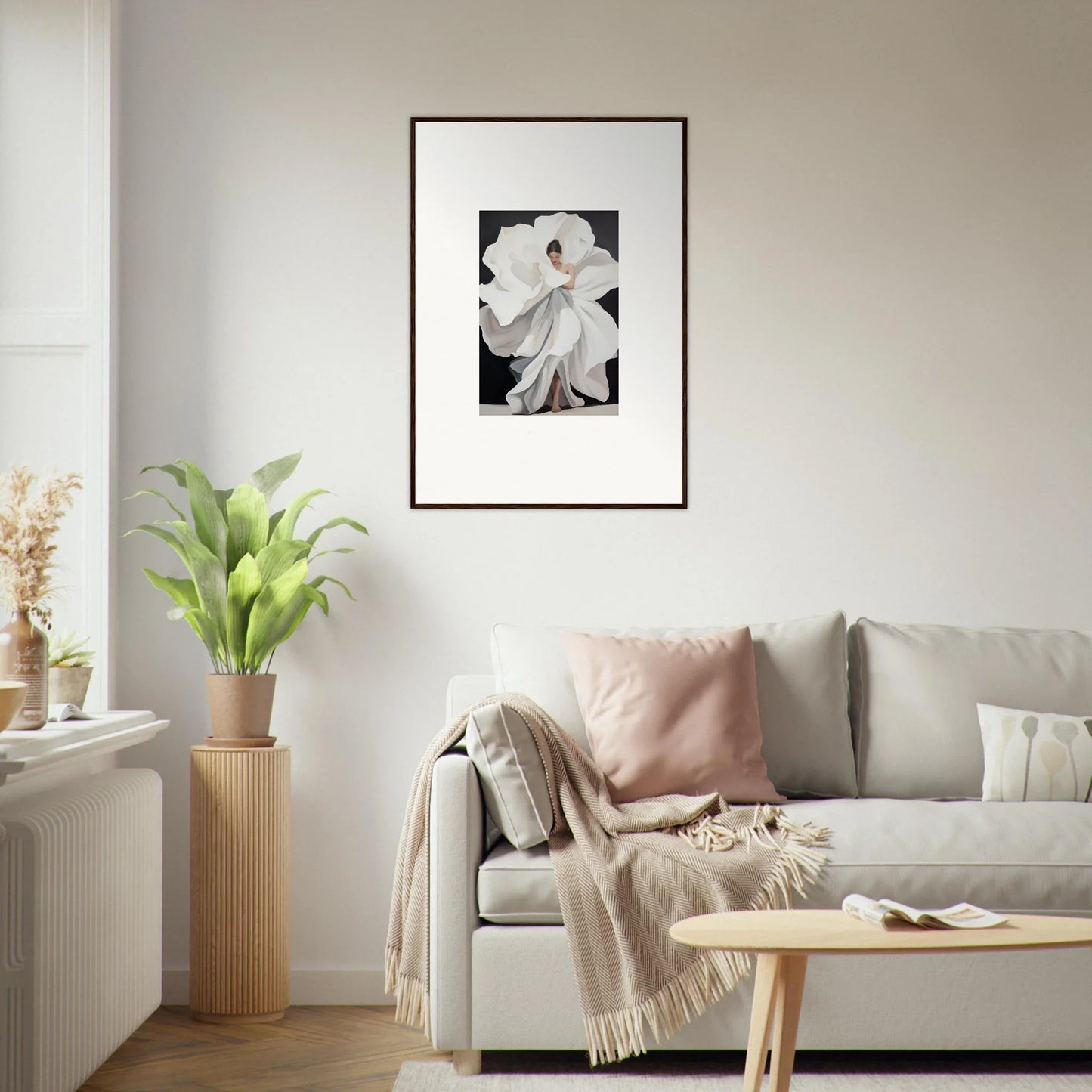 Framed black and white photo of a person in flowing fabric, perfect for room decoration