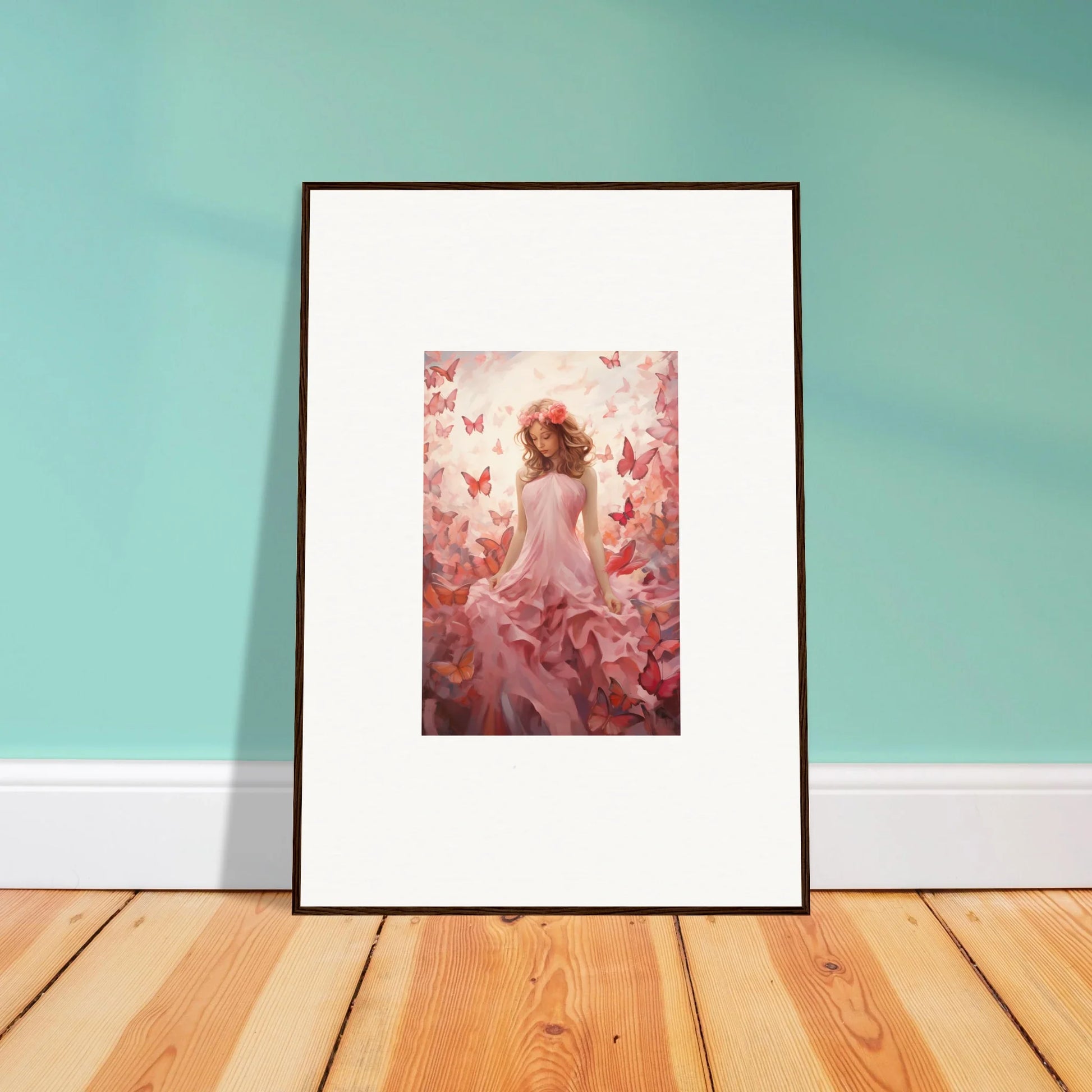 Framed canvas print of a figure in a pink dress with butterflies for autumn lattice room decoration