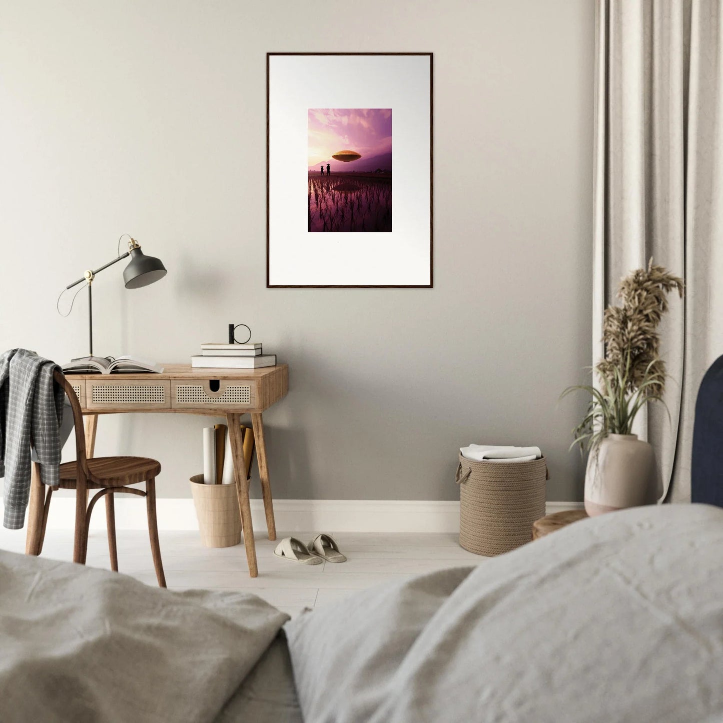 Framed canvas print of Violet Dreaming sunset over water, perfect for room decoration