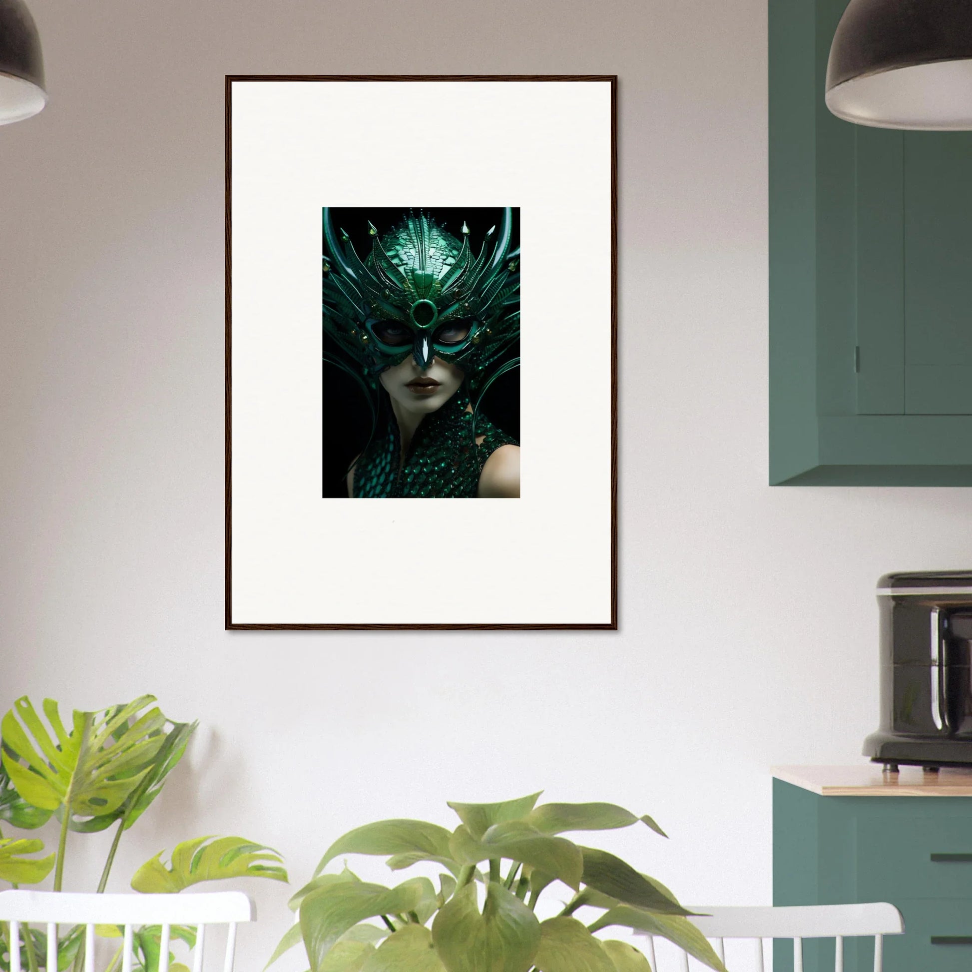 Framed canvas print of a mysterious figure in a green headdress, perfect for enigma enunciations room decoration