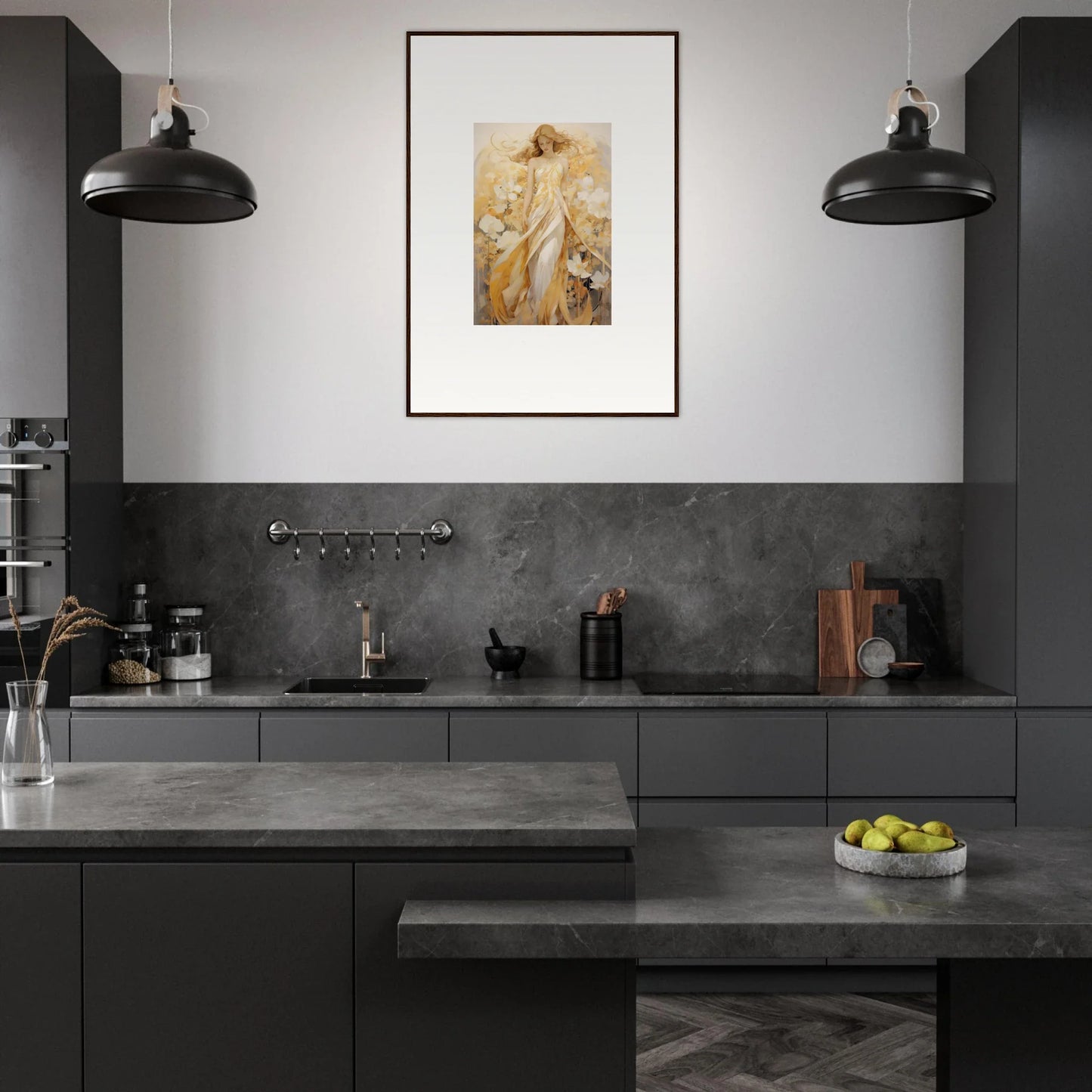 Modern kitchen with dark gray cabinetry and Whispering Petals canvas print decor